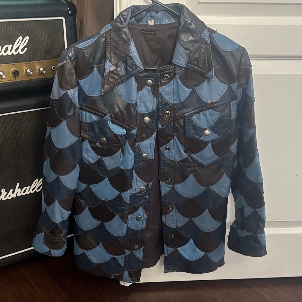 Vintage Blue and Brown Patchwork Scalloped Leather Jacket
